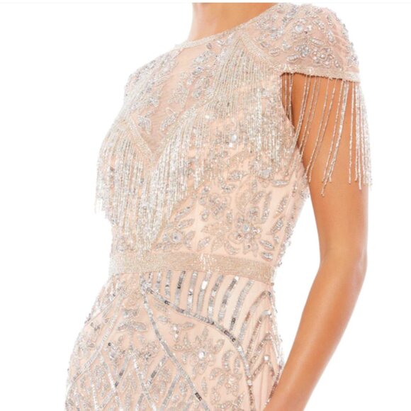 MAC DUGGAL 4715 EMBELLISHED FRINGE CAP SLEEVE TRUMPET PLATINUM GOWN sz 10 - Picture 2 of 4